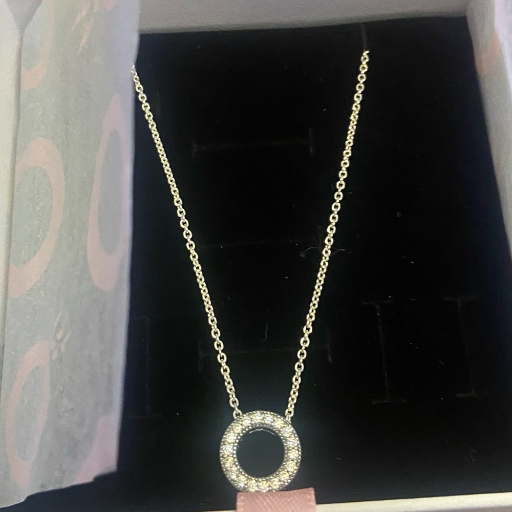 Pandora Sterling Silver Logo Pavé Circle Necklace | Authentic | Box